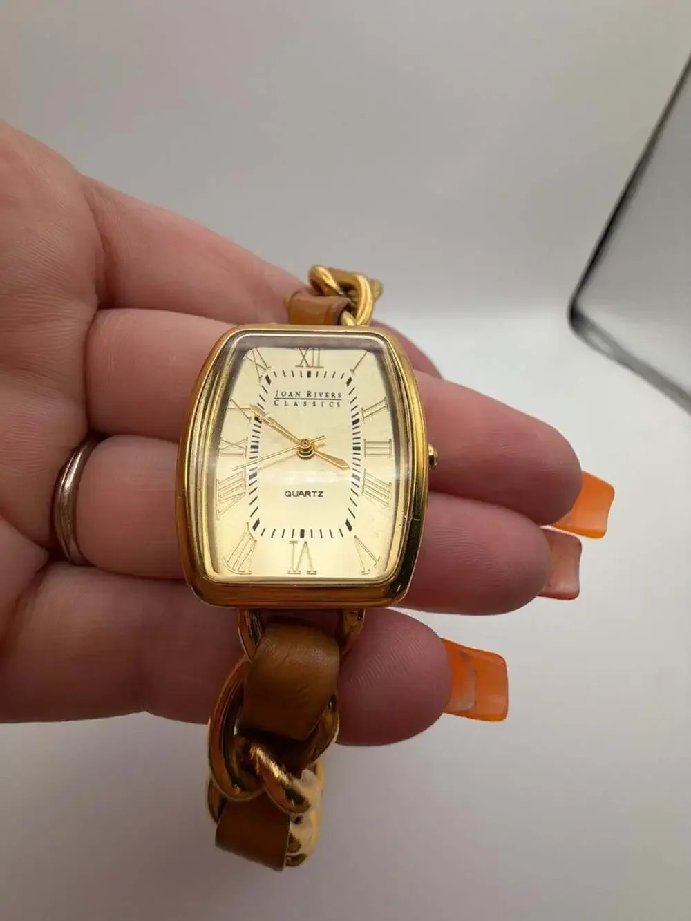 Joan Rivers Classics Collection Gold Tone Tonneau Quartz Watch with Tan Leather